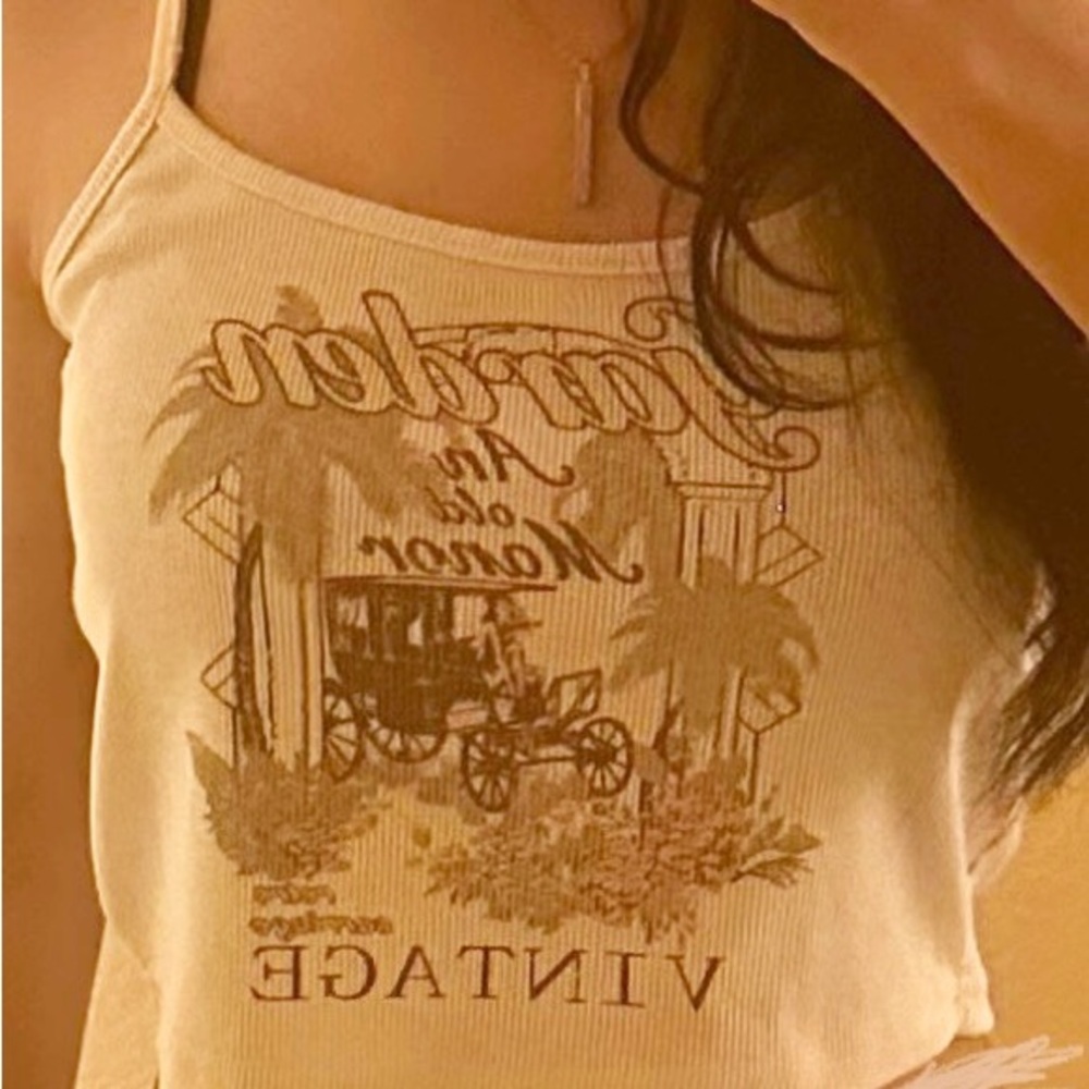 Women's Tan Ribbed Cropped Graphic Tank Top